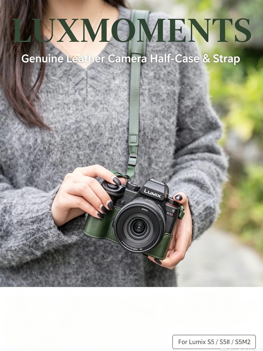 For Lumia S5/S5M2 Green Genuine Leather Camera Half-Case & Strap